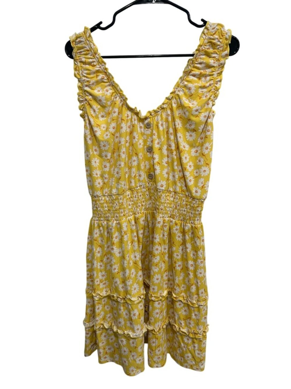 No Boundaries XL Yellow Floral Mini Dress Button Smocked Waist Cottagecore